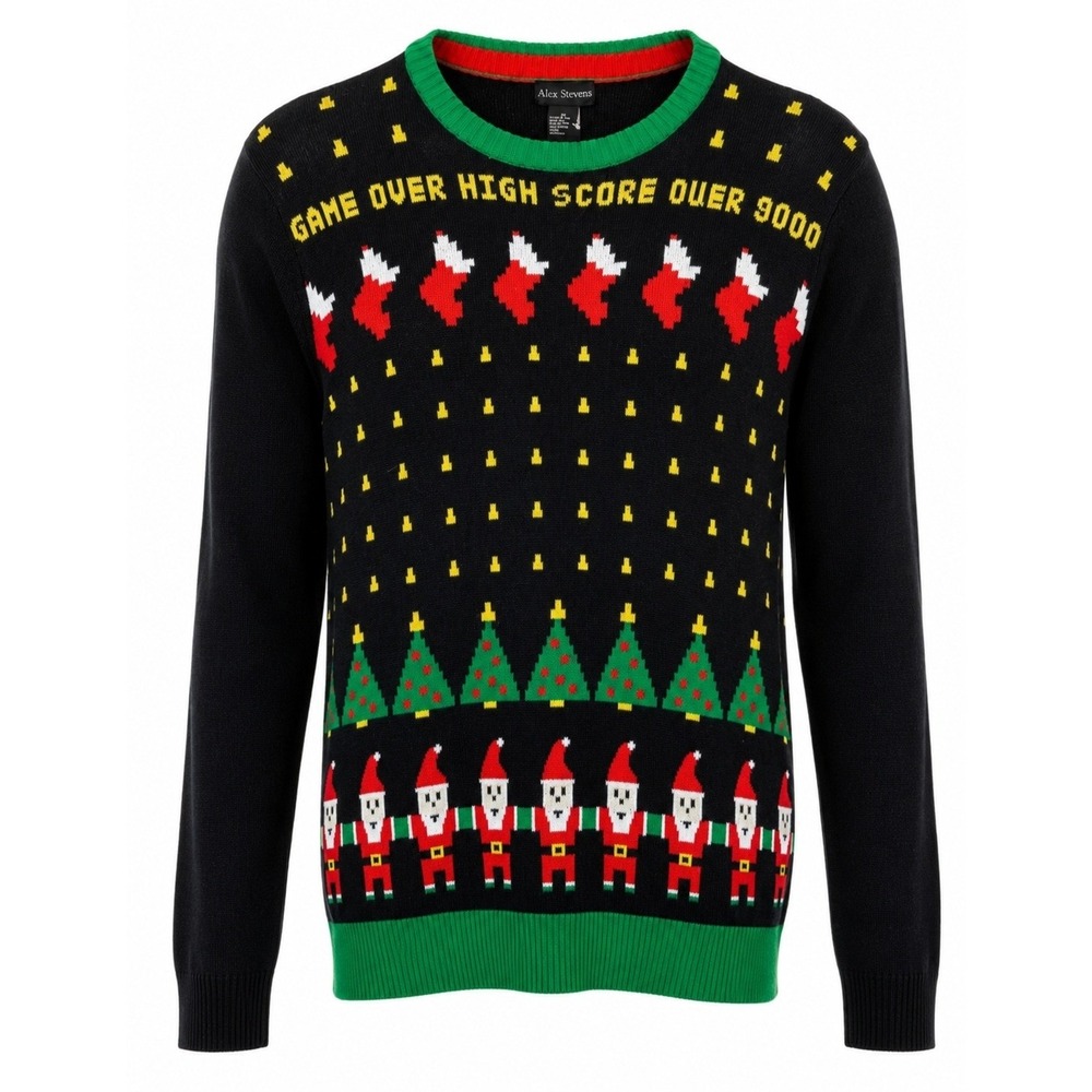 Alex Stevens Mens Gamer Ugly Christmas Sweater High Score Over 9000 Black M